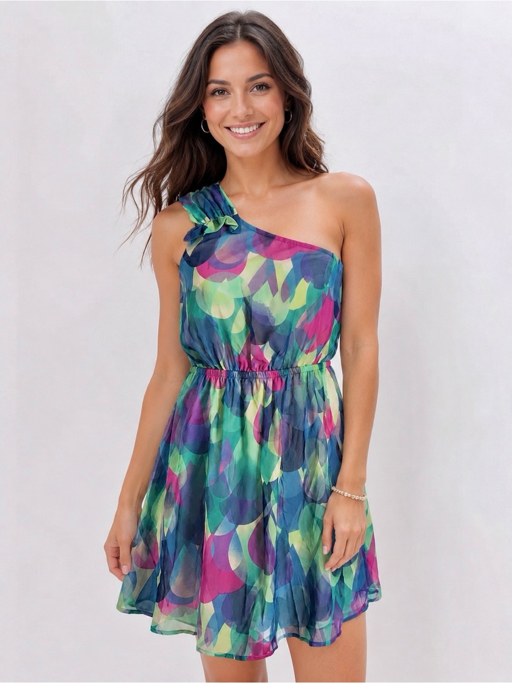 Anthropologie Everly One Shoulder Multicolor Abstract Print Dress Blue Pink Boho